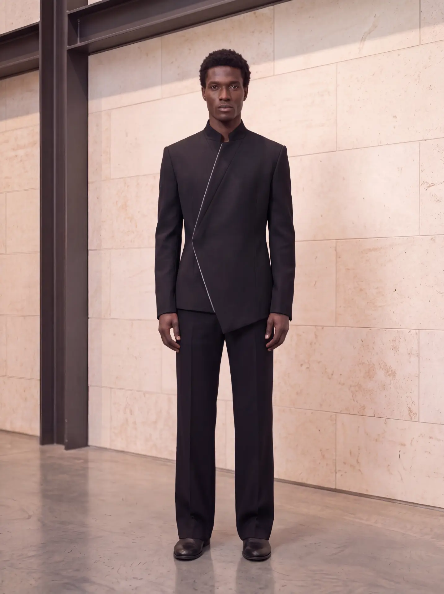Black stand-collar jacket with a diagonal silver seam accent, worn with matching straight trousers