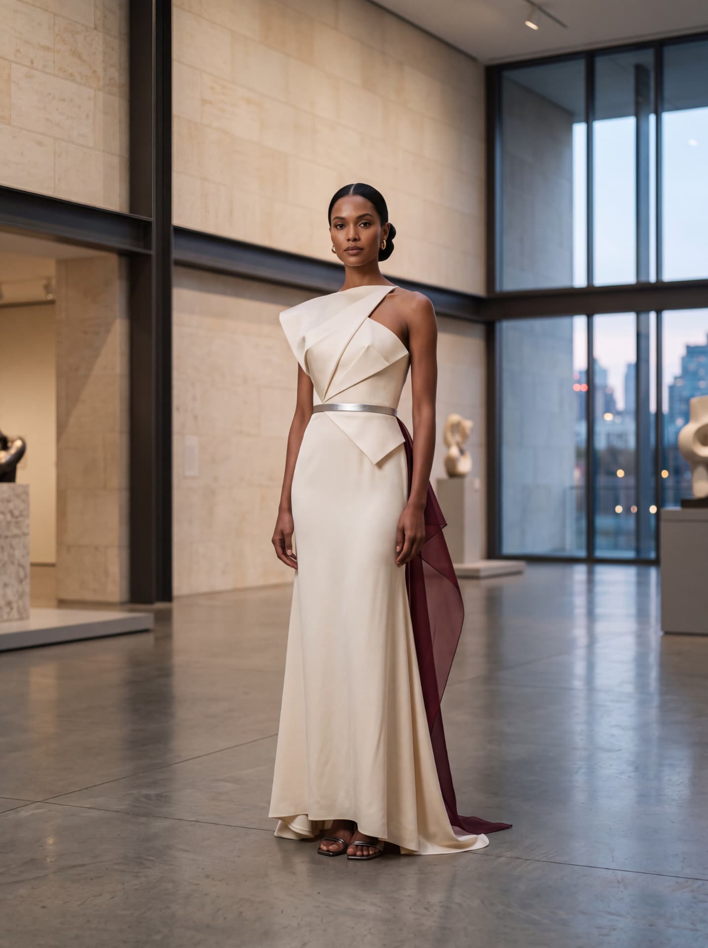 Ivory architectural gown with folded bodice, slim silver belt and a deep burgundy chiffon train